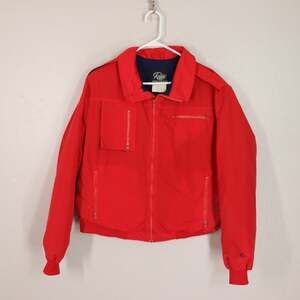 Vintage Roffe Ski Jacket Mens XL Red Nylon LIned Pockets Zip Front Cuffs Collar